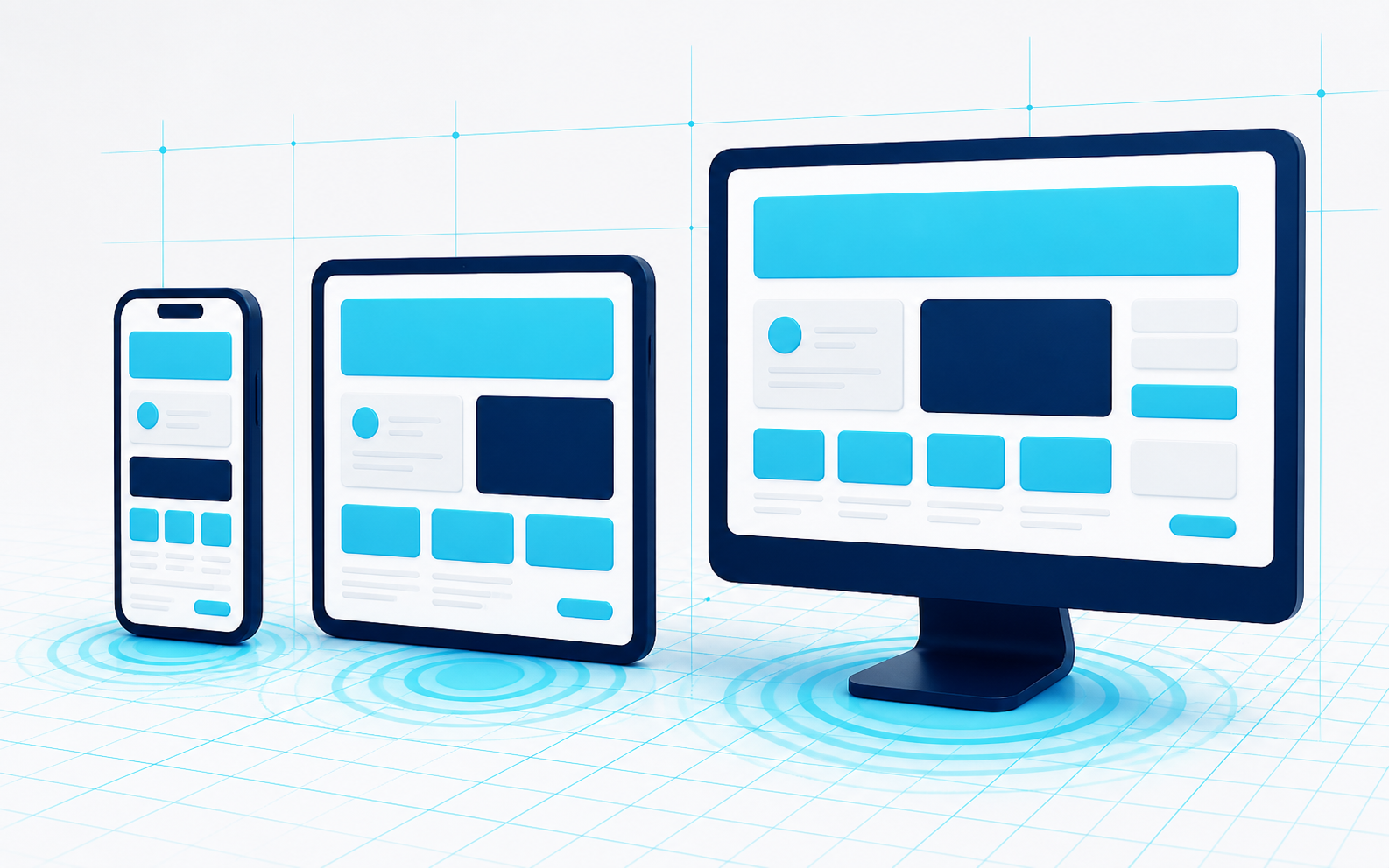 Illustration of a responsive website working across phone tablet and desktop screens