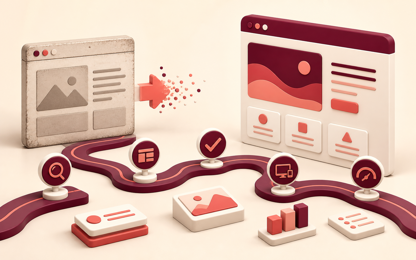 Illustration of a website moving through a redesign checklist